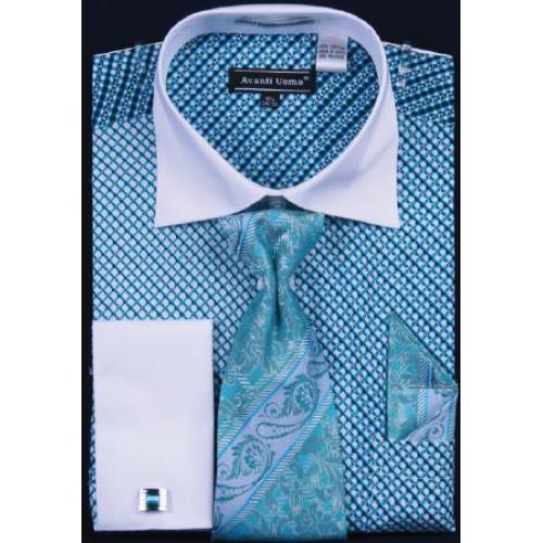 Avanti Uomo Turquoise Printed Two Tone Design 100% Cotton Shirt / Tie / Hanky Set With Free Cufflinks DN57M